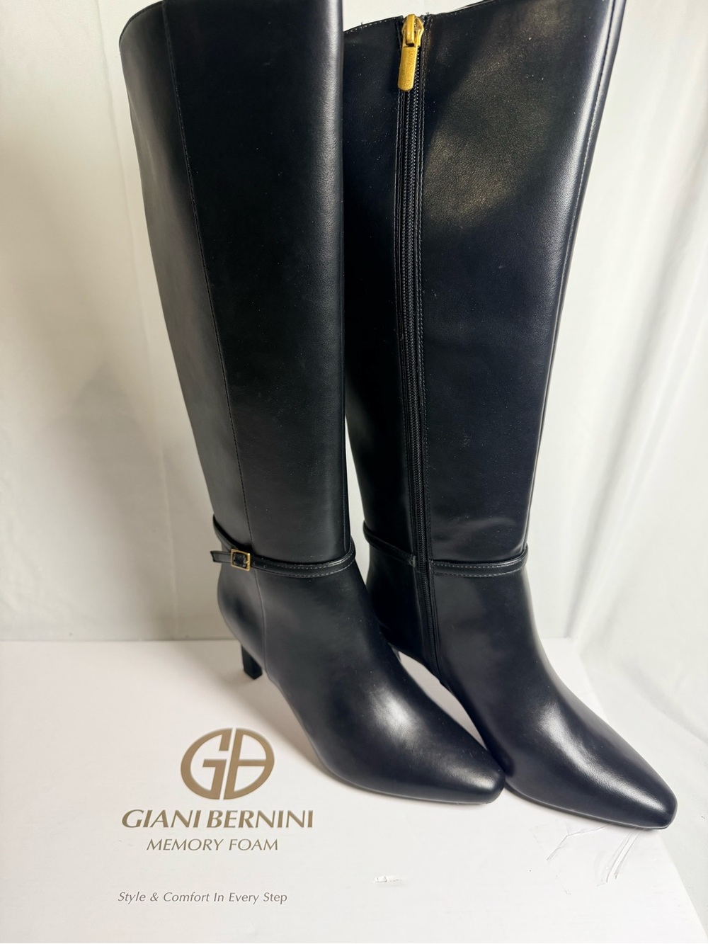 Giani Bernini Black Pointed-Toe Knee Boots with Gold Zip Accent